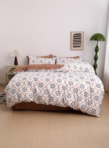 Home Queen size 6 piece duvet cover set modern floral tile print bedding set Black/Brown