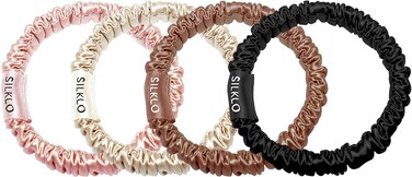 Silklo Silk Scrunchies, 100% Pure Mulberry Hair Ties 22 Momme Anti Hair Loss No Breakage Anti Crease Anti Frizz Hair Accessories Black Elastic Hair Band for Women Girls Hair Care 4Pcs (Chocolate)