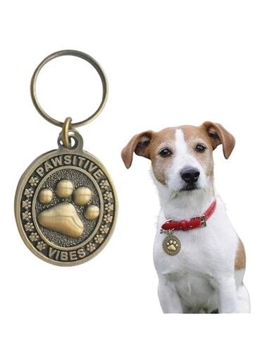 PETSARY Round ID Shape Dog Tag - Pet Identification Hanging Pawsitive Vibes Tag - Personalized ID Tag with Floating Frame - Elegant Paw Print design for Dog Tag - Neck Safety Tag - Black/Brone/Gold