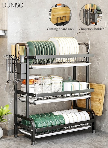 3 Tier Dish Drying Rack Large Capacity Metal Dish Rack with Drainboard Utensil Holder Cutting Board Holder &amp; Hooks Rustproof Kitchen Counter Organizer for Plates, Cups, Utensils