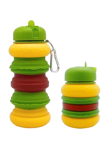 Reusable Collapsible Water Bottle, 20oz Silicone Water Bottle, Hamburger Style, BPA Free, for Travel, School, Sports Gym, Hiking, Camping Essentials