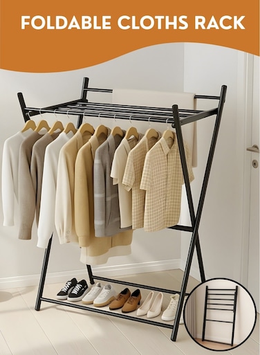 Foldable Clothes Drying Rack with Shoe Shelf &acirc;&euro;&ldquo; Heavy Duty Metal Garment Stand, Space Saving Clothes Rack for Bedroom &amp; Laundry