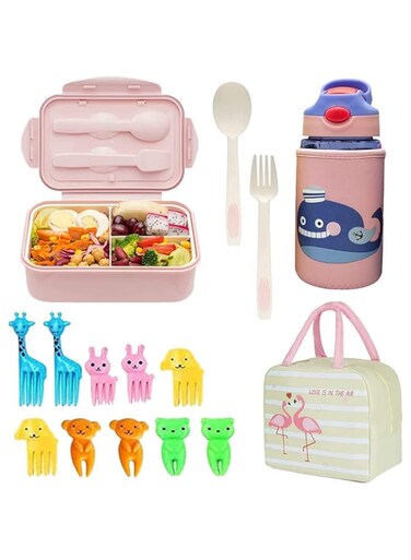 AMERTEER Bento Lunch Box For Kids, 3 Compartments 1400ML Kids And Adults With Reusable Spoon And Fork, Mini Cartoon Toothpick Water Bottle Reusable School lunch box with thermos Leakproof containers