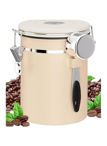 U-HOOME Airtight Coffee Canister,Stainless Steel Coffee Bean Food Storage Container w/Scoop &amp; Date Tracker for Grounds Coffee,Beans,Tea,Flour,Cereal,Sugar,22OZ (B-BEIGE)