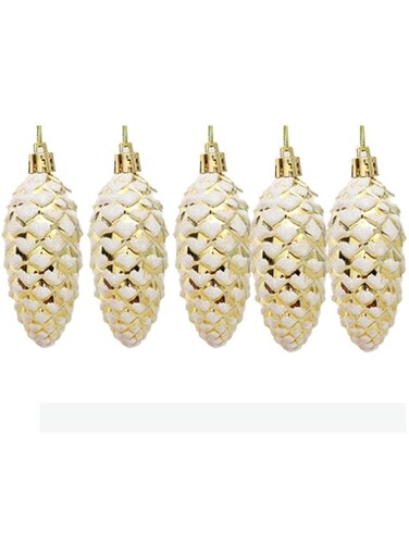 Shiny &amp; Glitter Decorated Pine Cone Baubles &ndash; Christmas Tree Decorations Pack of 5 (golden)