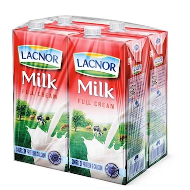 Lacnor UHT Full Fat Milk, 1L Pack of 4