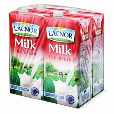 Lacnor UHT Full Fat Milk, 1L Pack of 4