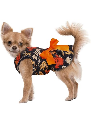Small Dog Dresses Halloween Pumpkin Ghost Puppy Costumes with Bow Tie Pets Outfits for Festival Party (Black, XL)