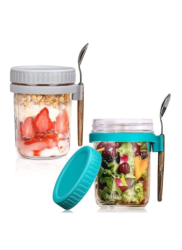 Oats Jars with Lid and Spoon, 2PCS 350ml Large Capacity Airtight Oatmeal Container with Measurement Marks