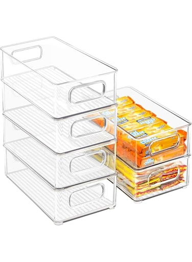 FALAHOM Stackable Plastic Food Storage, 6 Pack Clear Container Bin with Handles for Organizing Kitchen, Pantry, Refrigerator, Freezer, Pantry, Cabinet, Closet, Bathroom
