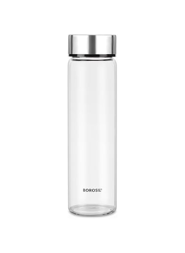 Borosil Neo Glass Water Bottle, Water Bottle for Fridge, Borosilicate Glass, Extreme Temperature Resistant, For Hot &amp; Cold Water, Milk, Lassi, Juice, Stainless Steel Lid, 550 ml, Stylish &amp; Transparent