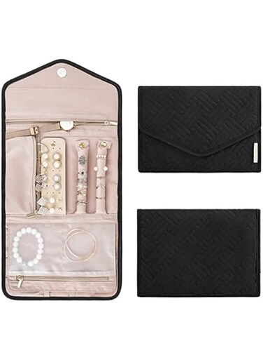 MONOGUE Travel Jewelry Organizer Roll, Foldable Lightweight Jewelry Storage Case with Zipper, Portable Large Capacity Jewelery Storage Bag for Necklaces, Rings, Watch, Earings, Bracelet (Black)