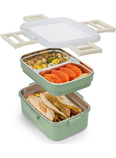Stainless Steel Lunch Box - Insulated Bento Box Multifunctional-Containers Lunch Box Containers with 3 Compartments &amp; Tableware(304 stainless steel 3 compartments lunch box (Green) 1200ml