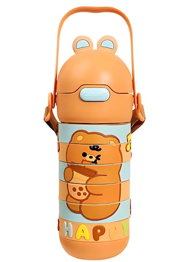 Stainless Steel Kids Puzzle Swirl Water Bottle with Straw &amp; Strap Double Wall Vacuum Insulated Educational, Fun and Learning Water Bottle for Kids, Girls and Boys Leak Proof 430ml (Brown)