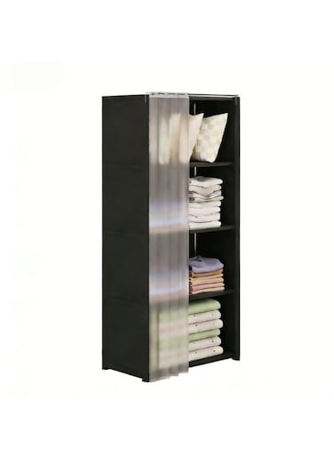 minimalist portable wardrobe and clothes organizer features a dust cover and five compartments, making it suitable for bedrooms and living rooms. It's a single-row, five-tier black wardrobe.