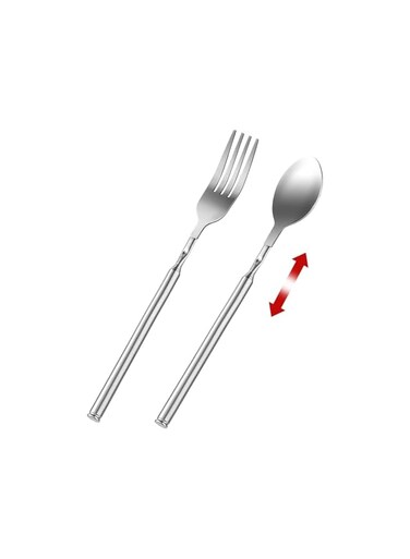 Extendable Fork and Spoon Set, Stainless Steel Long Fork and Spoon Retractable Dining Set Expandable Extension to 25.2" for BBQ, Fruit, Dessert