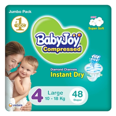 Baby Joy Compressed Diamond Diapers Large Size 4 10-18kg Jumbo Pack 48 Diapers