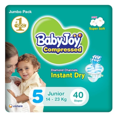Baby Joy Compressed Diamond Diapers Junior Size 5 14-23kg Jumbo Pack 40 Diapers