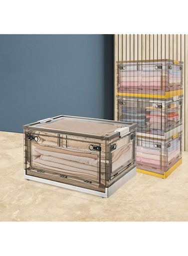 Mounay Foldable Storage Box with Lids, 40L Stackable Storage Boxes with Wheels, Storage Container Crate, side Open Transparent Door for Home, Office, Bedroom (Ivory White, Medium)