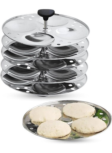 Stainless Steel 6 Idli Plates - 24 Idlis/Heavy Premium Deep Idli Plates/Idli Stand for 8 Litre Pressure Cooker/Plump Fluffy Idli maker Plates - Large, Silver