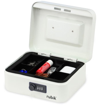 Rubik Medium Cash Box with Tray and Combination Lock Portable Durable Register Money Box Safe for Bills Jewelry Receipts Coins (20x16x9cm) White