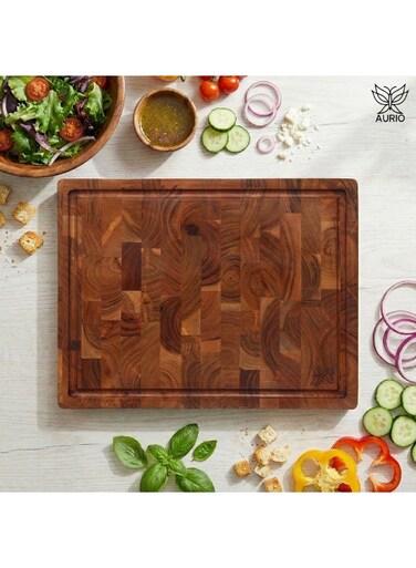 Premium End Grain Acacia Wood Cutting Board &acirc;&euro;&ldquo; Large Reversible Chopping Board with Juice Groove &amp; Easy-Grip Side Handles &acirc;&euro;&ldquo; Heavy-Duty Wooden Butcher Block for Meat, Vegetables, and Cheese &acirc;&euro;&ldquo; Eco-Friendly &amp; Knife-Friendly Kitchen Essential
