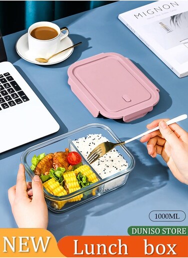 Fresh Lunch Boxes With Lid Food Storage Box Glass Lunch Box Meal Prep Containers Leak Proof Lunch Container 2 Compartment 1000ML Capacity (Pink)