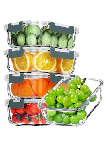 CENXI Food Container Sets, 5 Pack 1080ml Glass Meal Prep Containers, Airtight Glass Lunch Containers Set, Glass Food Storage Containers with Lids, for Microwave, Oven, Freezer &amp; Dishwasher