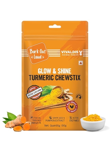 Bark out Loud by Vivaldis Glow &amp; Shine Turmeric Chewstix - Fresh Chicken Stick Treats with Pumpkin &amp; Grape Seed Extract for Shiny Skin &amp; Coat- Dogs &amp; Cats of All Life Stages 100g