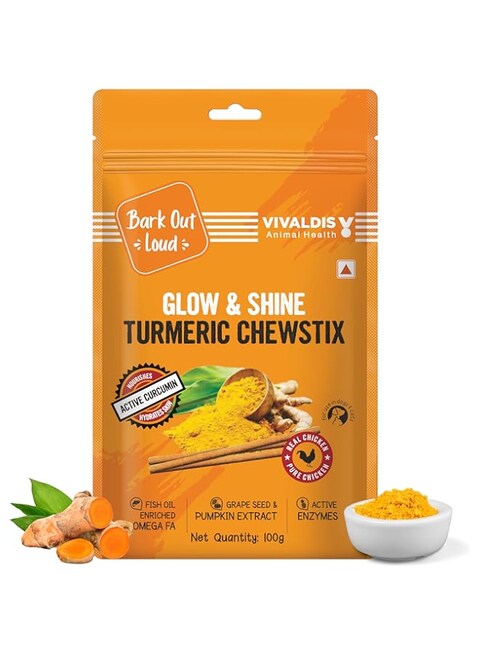 Bark out Loud by Vivaldis Glow &amp; Shine Turmeric Chewstix - Fresh Chicken Stick Treats with Pumpkin &amp; Grape Seed Extract for Shiny Skin &amp; Coat- Dogs &amp; Cats of All Life Stages 100g