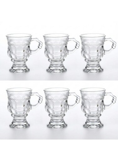 Tea Glass Set of 6 with Handle, Small Arabic Tea Cups 128ml, Clear Glass for Hot &amp; Cold Drinks, Espresso, Karak Tea, Juice