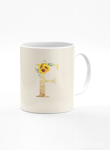 Designer Printed Coffee Mug 11oz Ceramic Personalised Gift Mugs Cup Custom Monogram Initial Letter Floral Pattern Alphabet F (Albescent White)