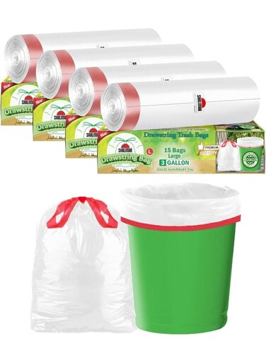 Premium OXO Biodegradable Drawstring Garbage Bag, 60 Bags, 60x81cm, White, Heavy Duty Leak Proof Lavender Scented Trash Bags for Home and Office Use