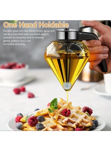 200ml No-Drip Glass Honey Dispenser With Scoop - Stylish Diamond Pattern, Black &amp; Clear Design, Perfect for Syrup, Sauce &amp; Honey Storage, Ideal for Kitchen and Dinning Use, PVC Free, Styling Serving Piece.