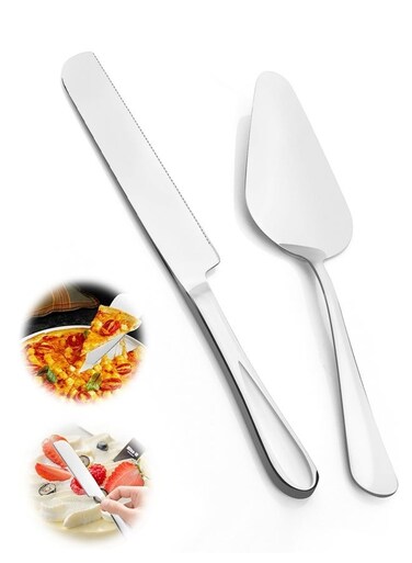 Serving Set, Stainless steel Cake Knife and Server Set Perfect For Birthday, Wedding, Parties and Events (Silver)