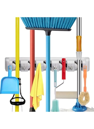 Mop And Broom Holder, Wall Mounted Organizer Mop And Broom Saving Space Storage Rack For Kitchen Garden And Garage,Laundry Offices,5 Position With 6 Hooks
