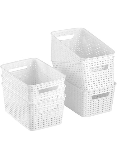 U-HOOME 6Pack Woven Plastic Storage Baskets,Small Pantry Organizer Basket Bins for Organizing,Plastic Baskets with Handles Storage Baskets for Home,Shelf Basket Organizer for Kitchens (White 6pcs)