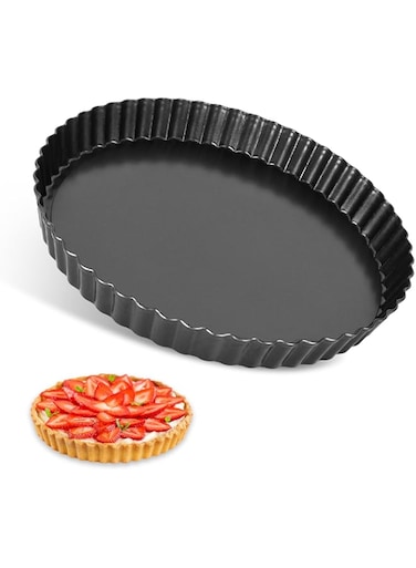 SEGNAYEN Quiche Pan, 30cm Tart Tin with Loose Base, Non-Stick Fluted Round Deep Flan Dish for Baking, Black