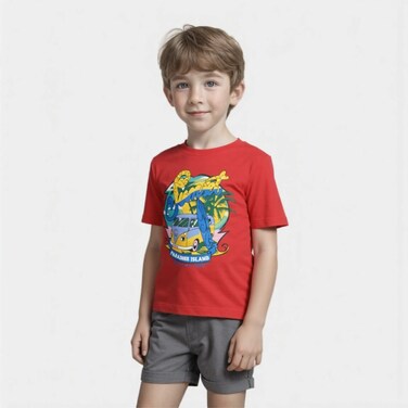 T-Shirt Featuring Vibrant Sunset Paradise Island Design ID1811 (Color: Red) (Size: 7-8 Years)