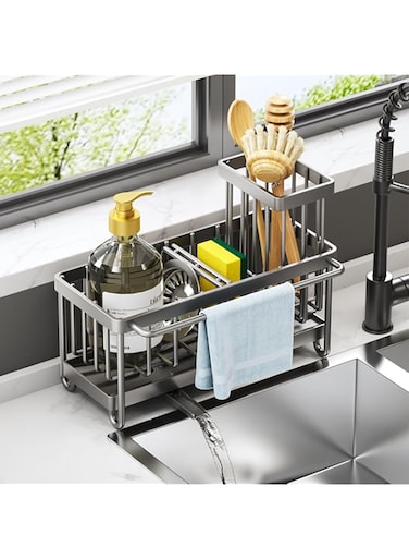 ZFanyun Multifunctional Kitchen Sink Sponge Rack with Rag Holder, Rust Resistant Sink Organizer Table, Perfect Cleaning Tool Dispenser Kitchen Organizer, Ideal for Space Saving (Gray)