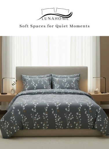 Home Queen Size 6-piece Set (1 Duvet cover - 200*230cm.; 1 Flat sheet - 230*250cm.; 4 Pillow covers - 50*75cm.; ) Grey Yellow Branches Print Pattern