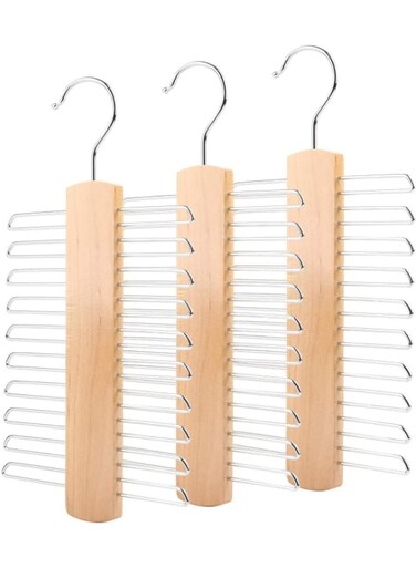 3 Pcs Wooden 20 Bar Tie Hanger - Coat Scarf Belt Rack Storage Organiser