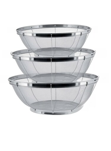 Piece Colander Set - Stainless Steel Mesh Strainer Net Baskets with Resting Base - 11" 5 Quart, 9.5" 4 Quart and 8.5" 3 Quart - Strain, Drain, Rinse, Steam or Cook