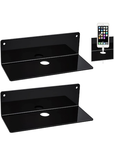 Juliyeh Set of 2 Acrylic Floating Wall Shelves,Modern Wall Shelves Small Adhesive Display Shelf for Bedroom Bathroom Kitchen Living Room Office Playroom (Black)
