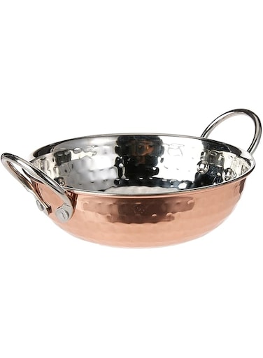 Kedge 2 Por Stainless Steel Pure Copper Hammered Finish Round Karahi, 500 ML Capacity, Silver/Copper, Size 2