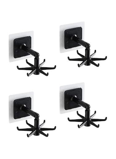 Tikwoork 360&deg; Rotating Folding Hooks, Under Cabinet Hooks, 4-Piece Multi-Purpose Hanging Dish Rack Hooks, 180 Degree Vertical Flip Self-Adhesive Hook Dish Rack with 6 Hooks for Kitchen Bathroom(black)