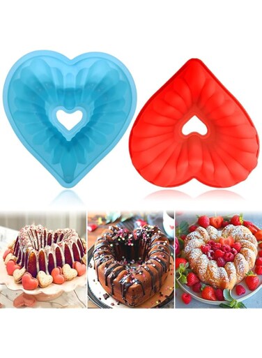 2 Pack Heart Bundt Cake Pan, 8 Inch Heart Cake Molds, Nonstick Silicone Cake Molds, Heart Shaped Fluted Cake Pan for Making Wedding, Valentine's Day, and Family Cakes