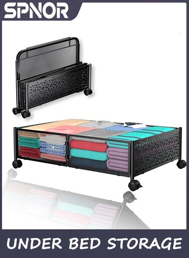 Under Bed Storage Containers with Wheels, Under Bed Shoe Storage Organizer Drawer, Tool-free Assembly Metal Storage Containers for Bedroom Clothes Shoes Blankets