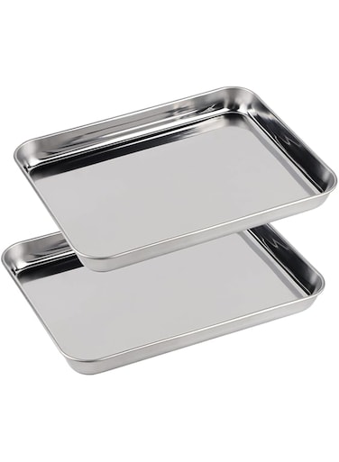 SWAWIS Pack of 2 small baking trays, rectangular oven tray, cake tray, grill tray, stainless steel for baking, roasting, cooking, dishwasher safe (23 x 17 x 2.5 cm)