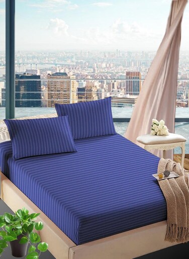Navy Blue Cotton Queen Striped Fitted Elastic Bedsheet 180x200+25cm